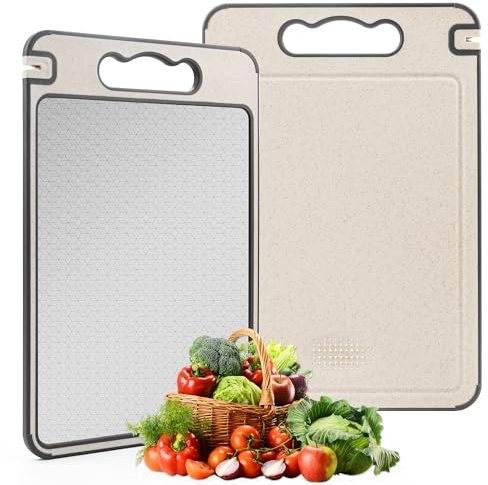 Double Sided Cutting Board for Kitchen, 304 Stainless Steel Chopping Board with Scratch Resistant Mesh Design, Large Non Toxic Metal Cutting Board & Wheat Straw Worktop Saver, Dishwasher Safe, 37x25cm