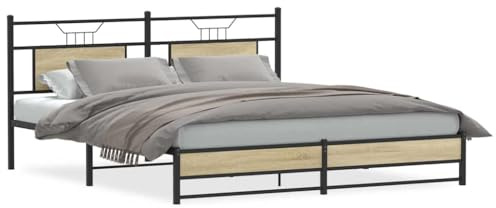 Owoxanthellate Bett 160x200 Sonoma-Eiche Holz/Stahl mit Kopfteil Lattenrost Metallrahmen Stauraum