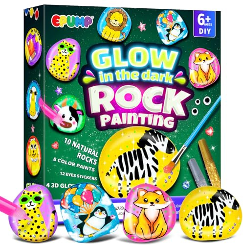 EPUMP Kit de peinture sur pierres lumineuses pour enfants, set de peinture sur galets naturels phosphorescents, kit DIY de peinture acrylique et loisirs créatifs pour enfants de 6 à 12 ans