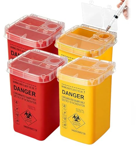 4 pcs Sharps Bin Small, 1L Sharps Box for Needles Tattoo Plastic Sharp Container Biohazard Needle Waste Box for Sharps Containers Needle Destruction (2 Yellow, 2 red)