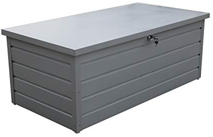 Duramax Palladium Kissenbox aus Metall kurz (585 L) mit hydraulischer Gasdruckfeder und abschließbarem Griff mit Schlüssel, Terrassenbox und Gartenmöbelaufbewahrung, silver
