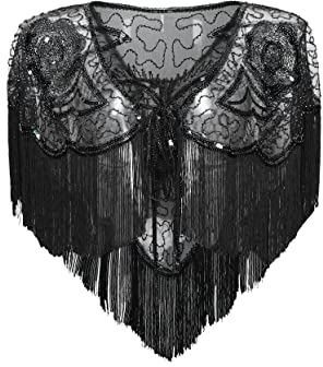 Coucoland 1920s Stola Damen Retro Schal Umschlagtücher Hochzeit Braut Schal Schulter Bedeckung für Abendkleid 20er Jahre Stil Gatsby Kostüm Accessoires (Schwarz)