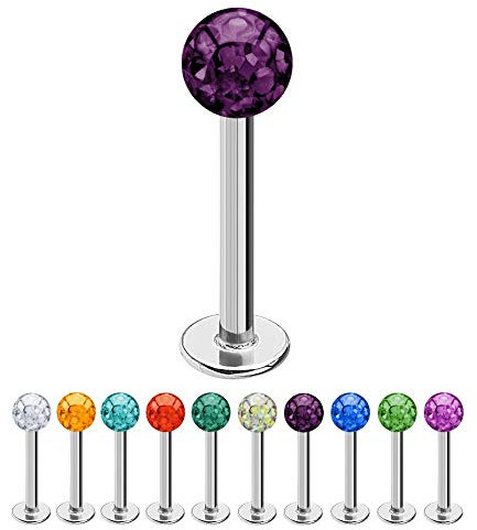 Treuheld® | 1,6mm x 7mm Piercing Labret | 6mm Kristall Kugel | Lila/Violett | Chirurgenstahl | Silber | Lippenpiercing, Helix Tragus Stecker