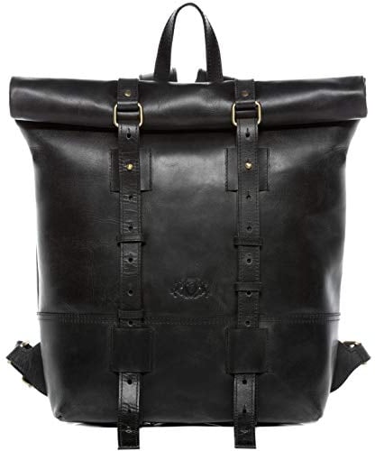 SID & VAIN Rolltop Rucksack echt Leder - 15.4 Zoll Laptop Lederrucksack CHAZ - Rucksack zum Rollen mit Laptop-Fach - Lederrucksack Herren und Damen schwarz handgefertigt