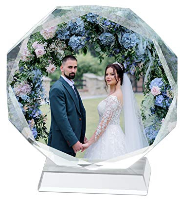 Personalised Round Crystal Glass Photo Frame with Base Laser Engraved Printing Custom Picture Text Gift Room Decor Birthday Wedding Christmas Valentine's Mother's Father's Day Customise Gift