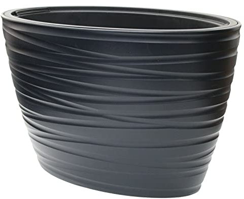 Rammento 42cm Large Plastic Oval Planter with Insert, Black | 56/24L Ribbed House Plant Pot Indoor/Outdoor Flower Pot | Weather-Resistant Oblong Patio Pot, Living Room Decor | Pot for Shrubs & Flowers
