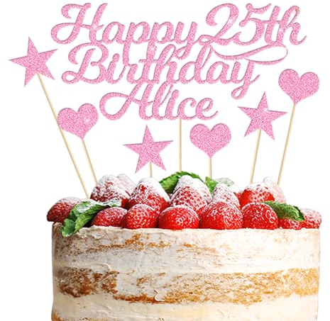 Happy Birthday Cake Topper Personalised 3 Star 3 Heart Customised Any Name Party Cake Decoration Gift Card 1st 18th 21st 30th 45th 60th 80th 100th for Girl Boy Mom Dad Grandparent Light Pink