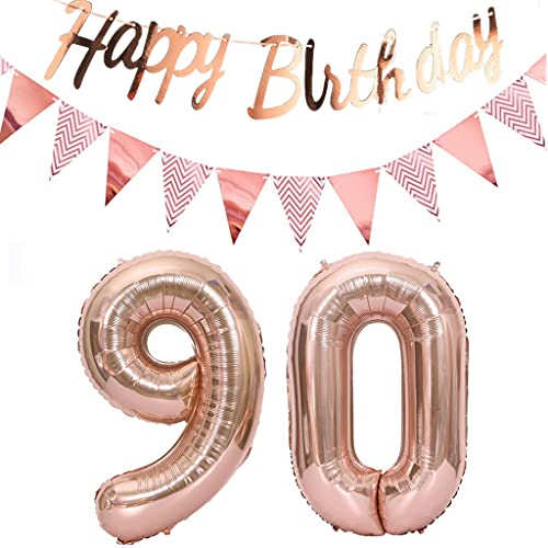 Luftballons 90.geburtstag deko frauen rosegold+Happy Birthday Girlande +Wimpelkette 40Zahlen Ballon 90 Luftballons 90 Jahre Geburtstag Dekoration frau Geburtstagdeko 90 Geburtstag deko rosegold(90)