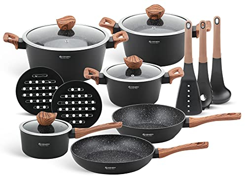 EDENBERG 15-Element-Set Marmortöpfe aus Aluminium, Antihaftbeschichtung. Perfekt für Gas, Elektro, Halogen, Keramik und Induktionsherde (EB-5616)