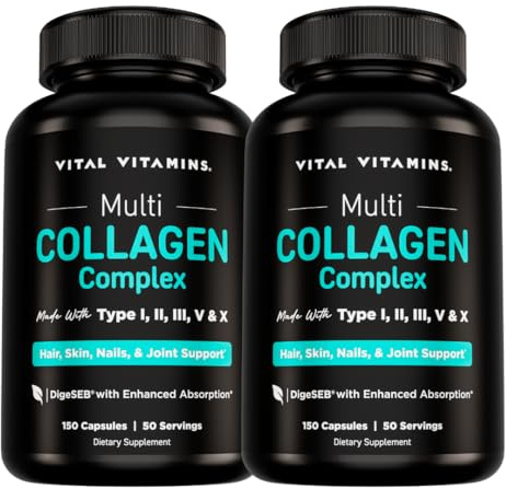 Vital Vitamins Multi Collagen Pills for Women & Men (2-Pack) - Hydrolyzed Collagen Peptides - Type I, II, III, V, X - Grass Fed, Non-GMO