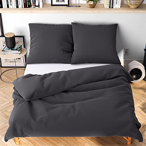 Wolkenfeld Bettwäsche 200x220 grau anthrazit - kuschlig weich & bügelfrei - ÖKO-TEX Zertifiziert - 1x Bettbezug + 2X Kissenbezug 80x80