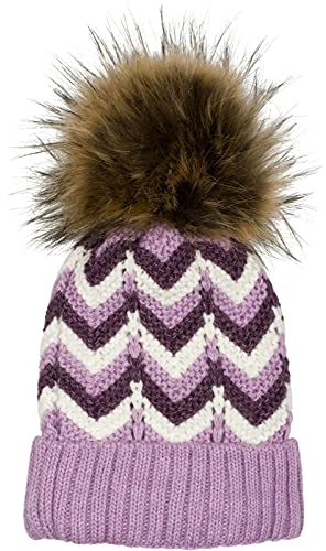 styleBREAKER Damen Strick Bommelmütze mit Zick-Zack Muster und Fleece Futter, Winter Fellbommel Mütze, Strickmütze 04024188, Farbe:Flieder-Violett-Weiß