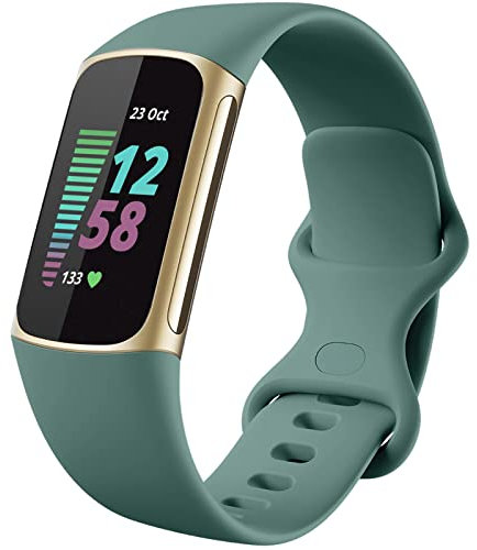 Dirrelo Straps Compatible With Fitbit Charge 5/6 for Women Men, Soft Silicone Replacement Sport Waterproof Adjustable Wristband, Small PineGreen