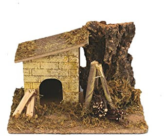 Fienile con Falò LUCE FIAMMA Presepe Natale CASOLARE con Sughero Muschio in Resina Paesaggio Presepio Napoletano Ceppo fuoco Fattoria Dimensioni 18x16X h.20 cm