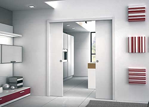 Porta scorrevole a scomparsa interno muro a doppia anta in laminato Bianco Finitura Cromata