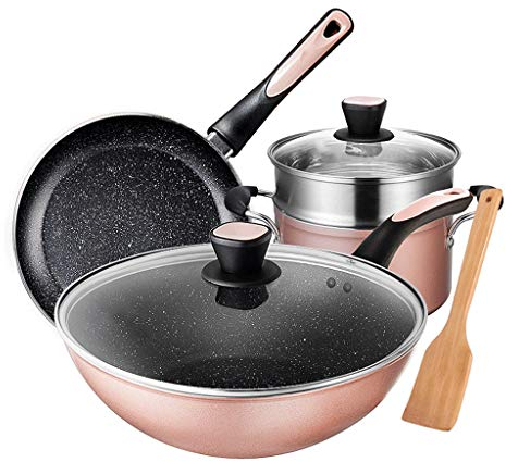 Olla Sopa Juego de utensilios mejor regalo que no se pegue Inicio Set Ollas Wok Freír sopa Pan Pot combinación de tres piezas de cocina Maifan Piedra antiadherente Ollas de Cocina (Color : Pink)