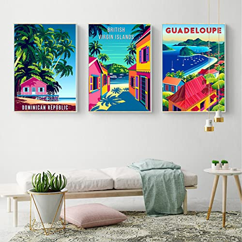 Retro Reise Meer Landschaft Poster Drucken Cartoon Farbe Stadt 3 Stück Leinwand Gemälde Guadeloupe Wandbilder Wohnzimmer Wohnkultur 30Cmx40Cm Kein Rahmen