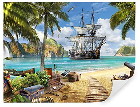 Tapeko Papier Peint Chambre Enfant 260x180 cm 3D Effet Pirates Île Déserte Trésor Navire Océan Palmiers pour Garçon Papier Peint intissé Multicolore u62419