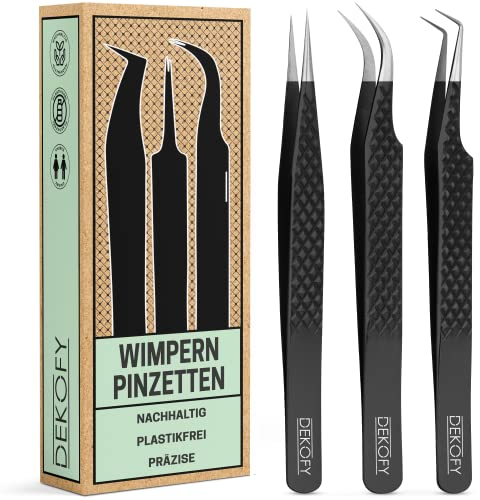 DEKOFY® Profi Wimpern Pinzette [3 Stück] - Spitz & Präzise - Hochwertiges Wimpern Pinzetten Set zur Wimpernverlängerung - Schwarz