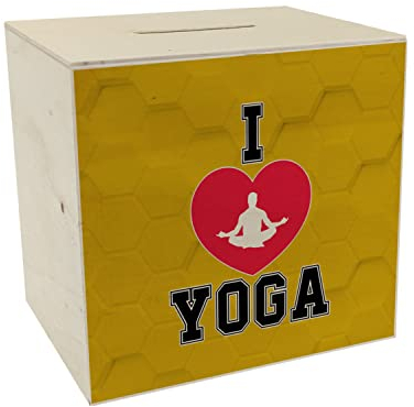 I Love Yoga Spardose aus Holz in Gelb für Yogalehrer EIN dekoratives Sparschwein für Yogaschulen Sport Yogatraining Sparbüchse Yogamatte