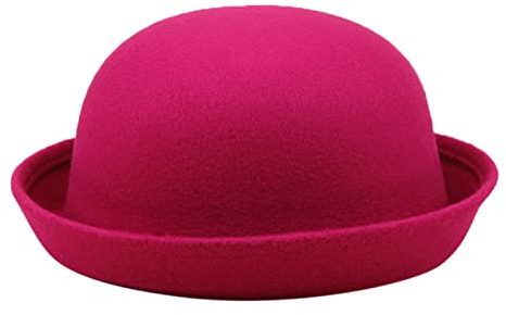 Eleganter Solider Hut für Erwachsene mit aufrollbarer Krempe, Panama-Melone, Fischerhut, Herren-Damen, Klassische Wolle, runde Melone Damenhut Winter (Hot Pink, One Size)