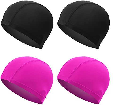 NITAIUN 4 Pezzi Cuffia da Nuoto Elastica Unisex - Nero e Rosa, Comoda e Leggera, in Tessuto Poliestere, Taglia Unica