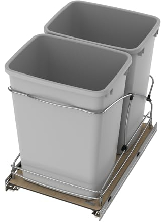 Rev-A-Shelf Steel Bottom Mount Double 35 Quart 8.75 Gallon Waste Bin Trash Container for Under Kitchen Cabinet with Soft Close, Gray, 54WC-1835SC-17-1