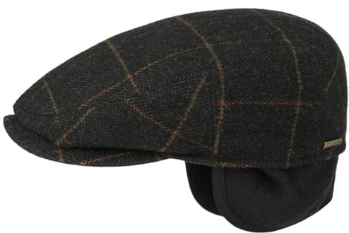 Stetson Kent Ohrenklappen Flatcap Herren - Schiebermütze mit Klappen für Ohren - Flatcap mit Fischgrätmuster - Ohrenmütze Herbst/Winter - Schirmmütze oliv-schwarz M (56-57 cm)
