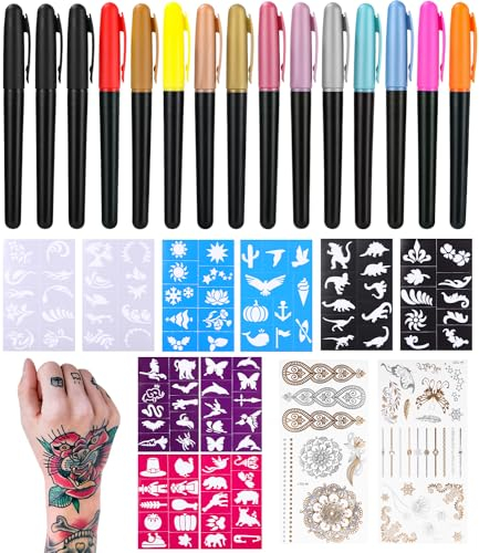 Tatouage Temporaire Kit Tatouage Stylo Tatouage avec 15 Stylos Tatouage 10 Pochoir Tatouage et 2 Autocollants,kit tatouage,Cadeaux d'anniversaire pour Garçons Adultes et Filles