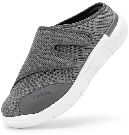 FitVille Schuhe Herren Extra Breit Outdoor Hausschuhe Slipper Offen Schuhe mit Klettverschluss für Herren Reha Pflege Grau gr. 49/50 EU Weit