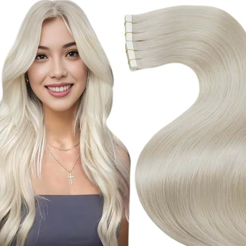 LaaVoo Invisible Tapes Extensions Echthaar Blond Echthaar Extensions Tape Platinblond Haarverlängerung Echthaar Extensions Tape Remy Haar Glatt 50g 20pcs #60 65cm