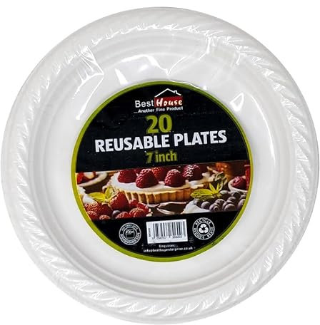 Best House 7 Inch White Plastic Plates Reusable Heavy Duty Lunch & Dinner Plate for Parties Weddings & Events (Pack of 100)