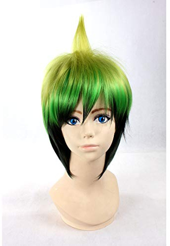 Grün Schwarz Mix Kurze Gerade Perücke Blauer Exorzist Amaimon für die Halloween Party Cosplay Perücke(EINWEG)