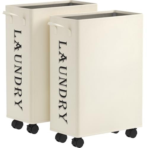 Lifewit Slim Rolling Laundry Basket with Wheels, 50L Collapsible Tall Laundry Basket with Handles, 2 Packs Narrow Laundry Room Organization for Laundry Room Dorm Bathroom Bedroom, White