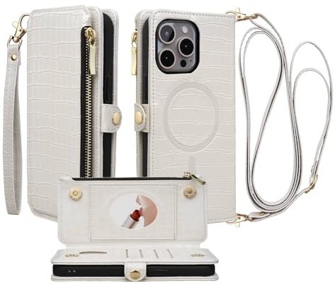 Stylivolve Crossbody Wallet Case for iPhone 14 Pro Max with Mirror, Wrist Strap, Zipper Purse Magnetic Flip RFID Blocking Card Holder, Wireless Charging, PU Leather Shockproof 6.7 Women (White)