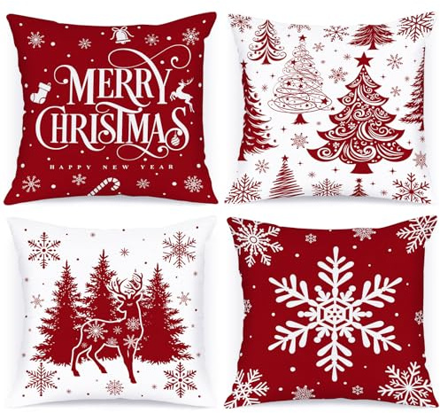 Lanpn 45 x 45 cm 4 Stück Kissenbezug Weihnachten, 45x45 cm Weihnachtsbäume Kissenbezüge Weihnachtsdeko, Rot deko Weihnachtsbäume Zierkissenbezug, Winter Kissenhülle Dekoration für Sofa Bed Couch