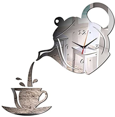 ZJIANHON Coffee Cup Teapot Diy 3d s Kitchen Mirror Sticker Decorative Living Room Home Decor Clock