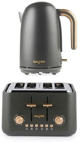Salter Pebble Kettle & 4-Slice Toaster Set – 1.7L Fast Boil Kettle, Removable Limescale Filter, Boil-Dry Protection, 4-Slice Wide Slot Toaster, 6 Browning Levels, Removable Crumb Tray, Charcoal