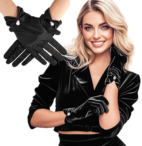 AhhiAboo 1 Paar Schwarz Samt Handschuhe Damen Kurz, Vintage Handschuhe, Seidenhandschuhe Satinsamt, Elegant, mit Perle, Fingerhandschuhe, Retro 23cm, Abendhandschuhe für Bankett, Fotografie, Schmuck