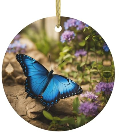 Blauer Schmetterling und Blumen Weihnachtsschmuck Christbaumschmuck Keramik Rund Anhänger Festliche Hängende Dekor