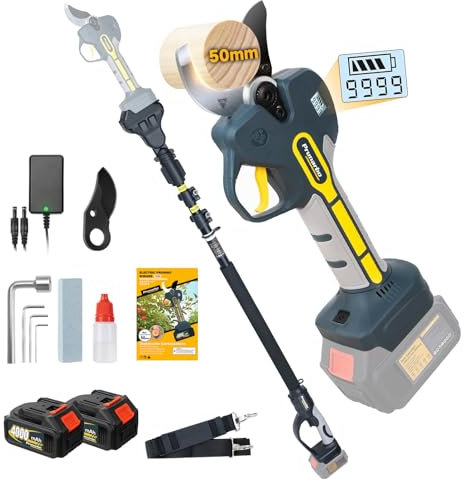 Prunarbo 2-in-1 Akku Astschere Teleskop, 50MM Elektrische Gartenschere mit Akku 2 4Ah Brushless LCD Display Astschere Elektrisch Kompatibel mit Makita 18V Akkus (PR-E50 pruner+pole set)