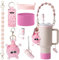 Stanley Cup Accessories Set, 7 Pcs Water Bottle Handle Strap, Silicone Cup Boot, Lipstick Holder, Keychain Charms, Straw Topper Accessories for Stanley Cup 30oz 40oz Tumbler (Pink)
