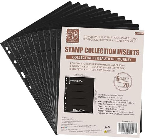 10 Hojas de páginas para álbumes de Sellos Postales, 5 Bolsillos, 7,7 x 1,97 Pulgadas, Insertos para colección de Sellos, Fundas para Carpeta de colección de Sellos IS010510