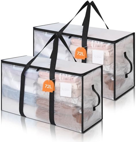 AiQInu 2 Piezas Bolsa Almacenaje 72 L, Impermeable Bolsas Mudanza Grandes Cremallera y Asa, Transparente Bolsa de Almacenamiento Ropa, Cajas Ordenacion Armario para Guardar Ropa Edredones