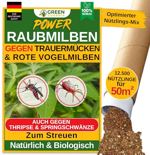 GREEN GUARDIA Power Hypoaspis miles Raubmilben gegen Trauermücken & Rote Vogelmilben – Streuware - Umweltfreundliches Mittel zur effektiven Schädlingsbekämpfung – (5x Tüten für 50m²)