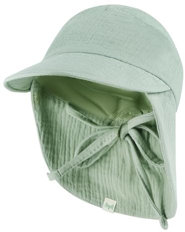 Petinard Label Musselin Schirmütze Sonnenhut mit Nacken- und Ohrenschutz UV-Schutz (UPF 50+) für Babys und Kinder - Unisex (DE/NL/SE/PL, Numerisch, 48, 49, Laurel Grün)