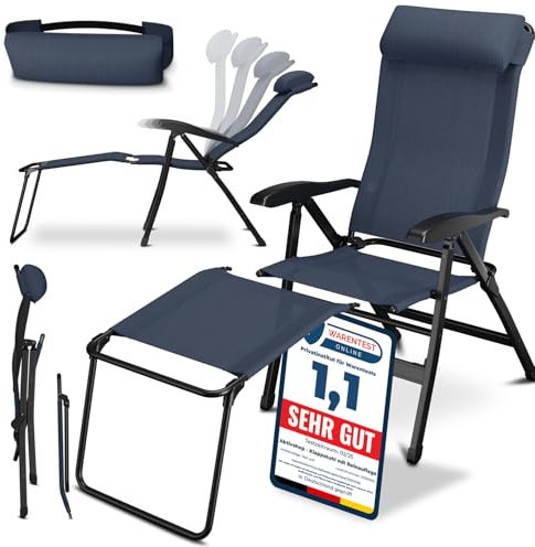 ELONEO Chaise de Camping Pliante avec Repose-Pieds Amovible - Chaise Longue Pliante Confortable en Aluminium avec Dossier Réglable pour Jardin et Balcon Bleu