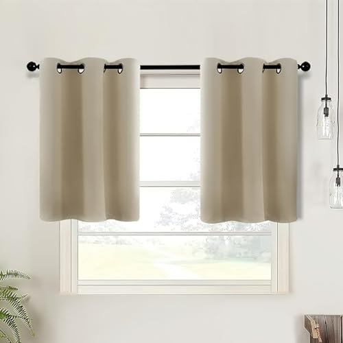 Tolldek 2er Schiebegardinen Kurz Vintage, Einfarbig Bistrogardine Blickdicht Kurz Beige, Ösen Polyester Vorhang Gardinenschiene Fenstervorhang, HxB 91.5x86.5cm