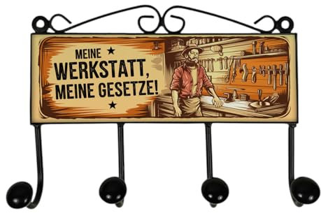 speecheese Meine Werkstatt, meine Gesetze Kleiderhaken Leiste mit 4 Haken mit lustigem Spruch für die Werkstatt