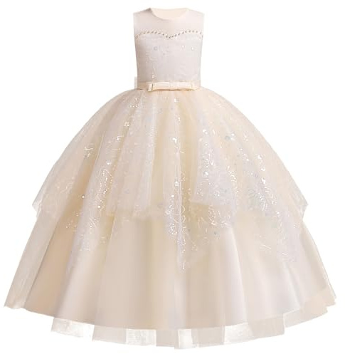 IDOPIP Robe Enfant Fille Mariage Dentelle Tulle sans Manches Broderie Perles Bow Demoiselle d'honneur Anniversaire Partie Princesse Longue Robe De Bal Soirée